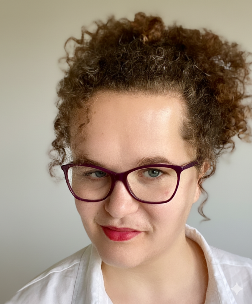 a woman with curly hair wearing glasses